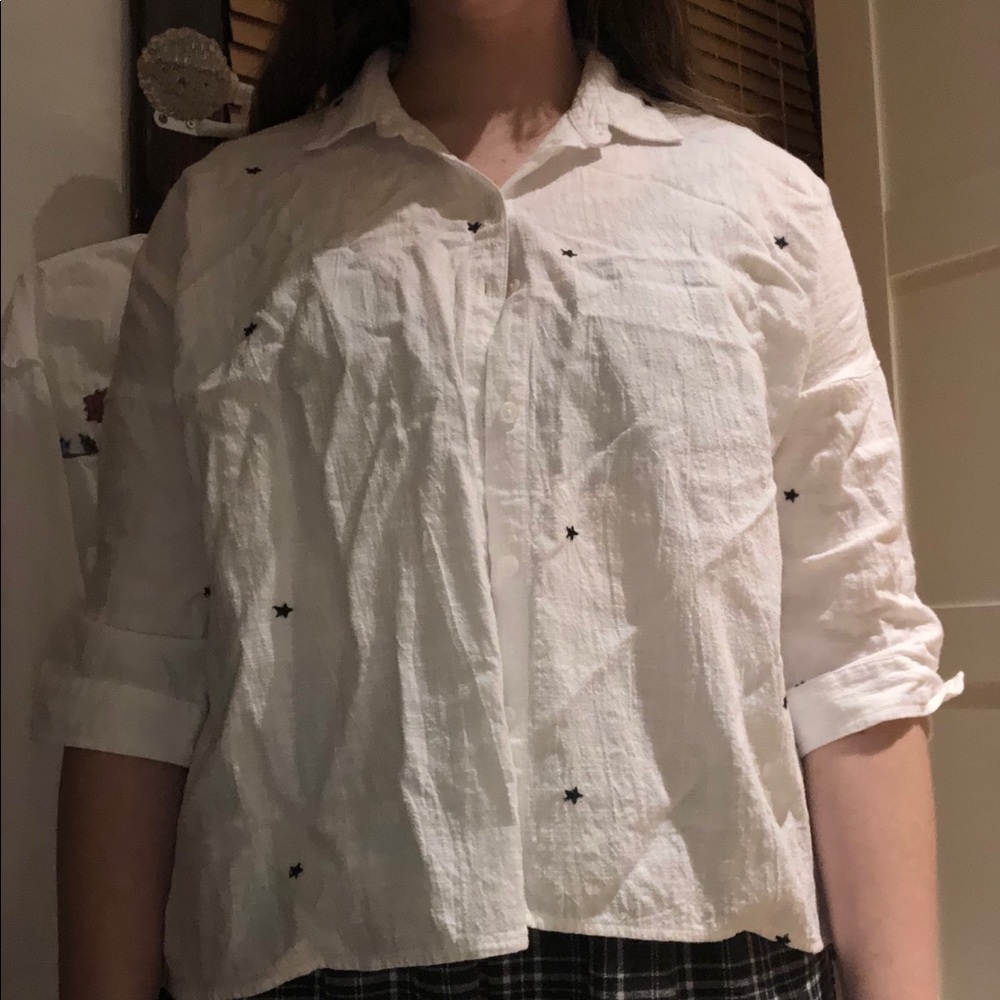 white star print button down
